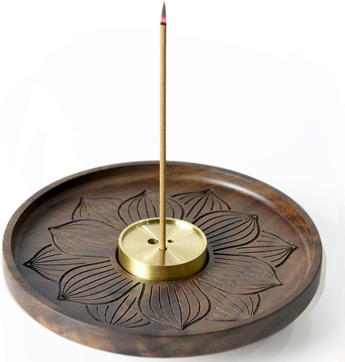SeedWave Wooden Incense Holder for Sticks, Detachable Brass Incense Burner Holder, Handmade Lotus Incense Ash Catcher for Home Decor Yoga Spa Meditation