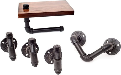 Industrial Bathroom Accessories Set. Toilet Paper Holder with Dark Wood Shelf, Hand Towel Holder, and Towel Hooks for Bathroom Wall Mounted. Black Farmhouse Bathroom Decor and Restroom Decor