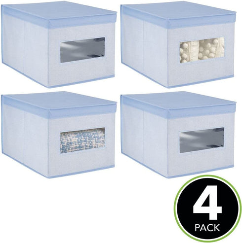 mDesign Soft Fabric Stackable Closet Storage Organizer Holder Box Bin with Clear Window, Attached Hinged Lid - Bedroom, Hallway, Entryway, Closet, Bathroom - Textured Print, 4 Pack - Blue Herringbone