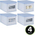 mDesign Soft Fabric Stackable Closet Storage Organizer Holder Box Bin with Clear Window, Attached Hinged Lid - Bedroom, Hallway, Entryway, Closet, Bathroom - Textured Print, 4 Pack - Blue Herringbone