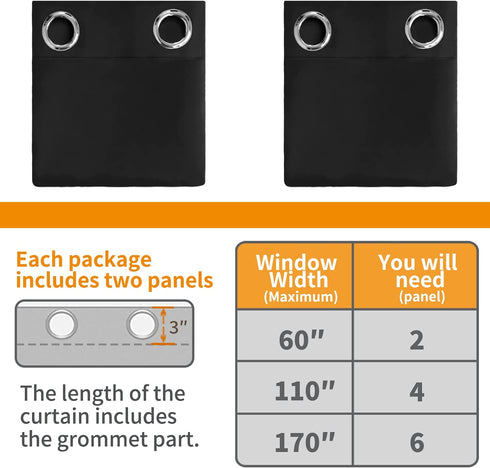 YoungsTex Black Blackout Curtains for Bedroom - Thermal Insulated with Grommet Top Room Darkening Noise Reducing Curtains for Living Room, 2 Panels, 42 x 63 Inch