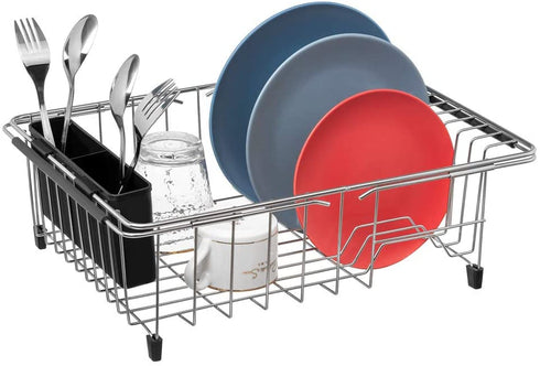 SANNO Large Expandable Dish Drying Rack with Removable Utensil Silverware Holder,Deep Large Dish Rack Over The Sink in Sink On Counter,Dish Drainers Stainless Steel