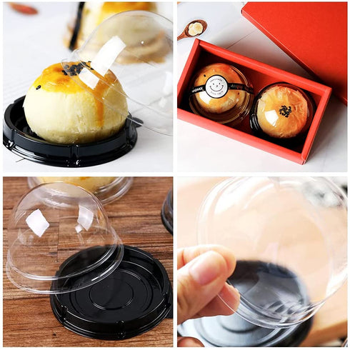 150 Pcs Mini Cupcake Containers, Disposable Plastic Mooncake Boxes, 2.8x2.2inch Muffin Pod Dome Single Cupcake Holders Individual Cupcake Containers with 150pcs Handmade Stickers