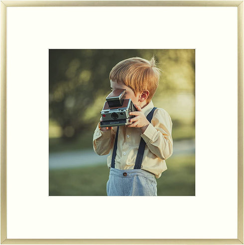Frametory, 12x12 Metal Picture Frame - Aluminum Thin Molding - Photo Frame with Ivory Color Mat for 8x8 Wall Art & Pre-Installed Mounting Hardware - Real Glass (Gold, 1 Pack)