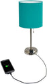 Limelights LT2024-TEL Stick Charging Outlet and Fabric Table Lamp, 19.50 x 8.50 x 8.50 inches, Brushed Steel Base/Teal Shade