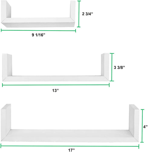 Greenco Set of 3 Floating œU? Shelves, Easy-to-Assemble Floating Wall Mount Shelves for Bedrooms and Living Rooms, White Finish