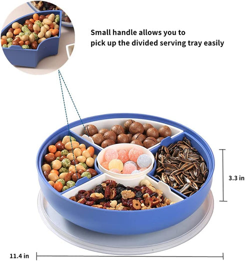 XKXKKE Divided Serving Dishes with Lid, Serving Tray with Lid, Round Divided Plates, Sectional Serving Tray Removable Party Snacks Tray for Candies, Nuts, Veggies, Fruits and Appetizer (Blue)
