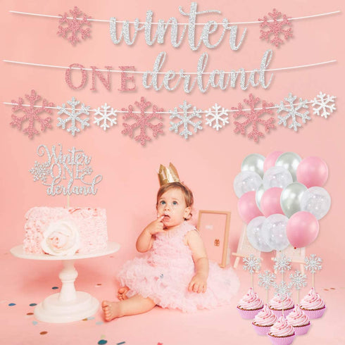 Winter Onederland Birthday Decorations, Girls Birthday Party Decoration, Banner, Cake Toppers, Pink Silver Snowflake Balloons Garland for Winter Wonderland Shower Winter First Birthday Party Supplies