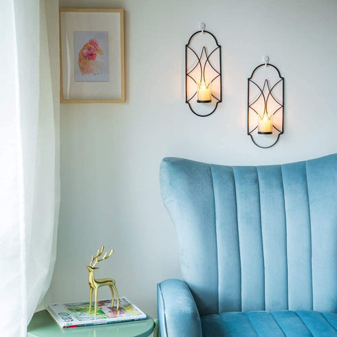 Sziqiqi Metal Wall Sconce Candle Holder Decor Set of 2 Wall Mounted Candle Sconces Holders with Glass, Candle Sconces Holder for Wall, Home Wall Art for Living Room Fireplace Yard Pathway, Black