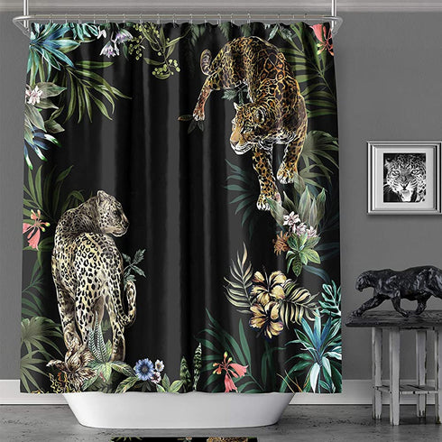 MACOFE Animal Print Leopard Shower Curtain Set,Hooks Included,Tropical Safari Black Fabric Bathroom Shower Curtain (72 x 72)