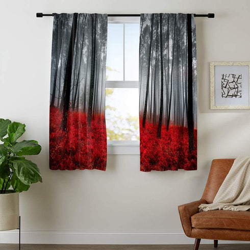 Cinbloo Red Black Forest Kitchen Curtains Rod Pocket 27.5W x 39L Inch Burgundy Tree Kitchen Decor Mystic Nature Foggy Fall Scene Gothic Woodland Floral Leaves Short Design Small Window Drapes 2 Panel
