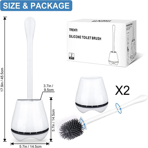 TRENTI Toilet Brush with Holder 2 Pack, Silicone Toilet Brush Set with Ventilated Holder and Long Ergonomic Handle, Flexible Silicone Toilet Brushes for Bathroom