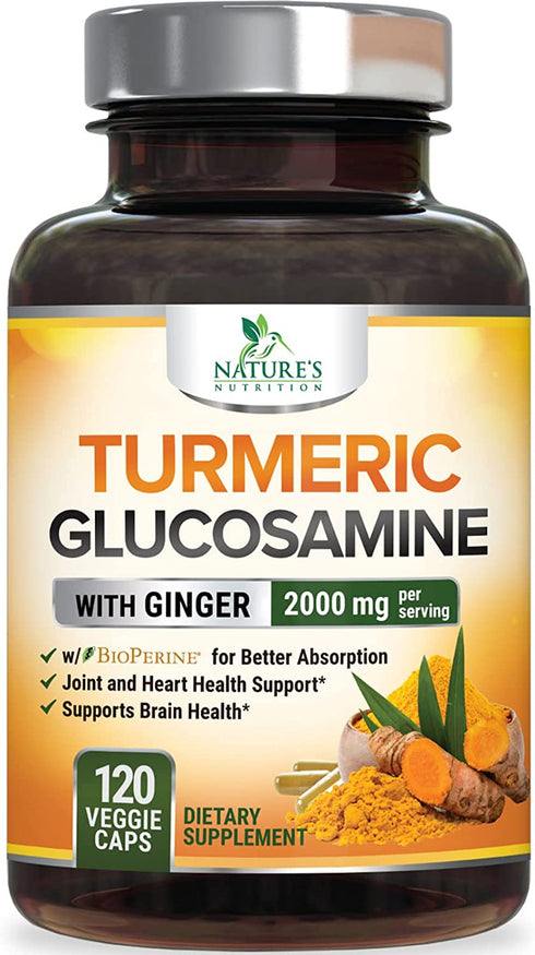 Turmeric Curcumin with Ginger & Glucosamine 2000mg with Black Pepper for Best Absorption, Joint Support, Made in USA, Natural Immune Support, Nature's Turmeric Supplement - 120 Veggie Caps