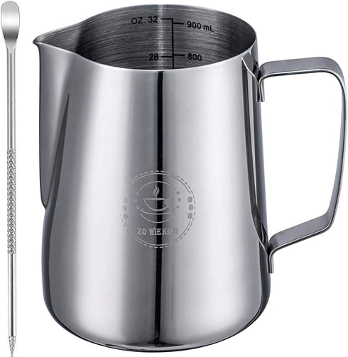 Milk Frothing Pitcher 32oz,Espresso Steaming Pitcher 32oz,Espresso Machine Accessories,Milk Frother Cup 32oz,Milk Coffee Cappuccino Latte Art,Stainless Steel Jug