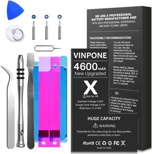Battery for iPhone X,Upgraded 4600mAh Ultra High Capacity New 0 Cycle Replacement Battery for iPhone X Model A1865, A1901, A1902 with Complete Professional Repair Tool Kit