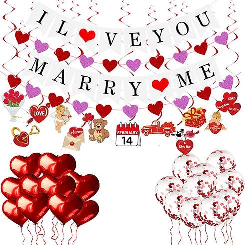 Proposal Decorations for her, I Love You Banner, Merry Me Banner,Valentines Day Decor, 2 Glitter Red Heart Garland, Red Heart Foil Balloon, Confetti Balloons