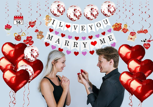 Proposal Decorations for her, I Love You Banner, Merry Me Banner,Valentines Day Decor, 2 Glitter Red Heart Garland, Red Heart Foil Balloon, Confetti Balloons