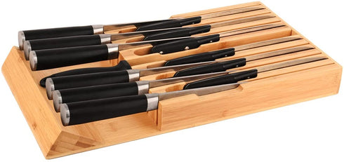 In-Drawer Bamboo knife block, Drawer Knife Set Storage, Knife Organizer and Holder with Safety Slots for Knives and 1 Sharpening Steel -Kitchen Drawer, Counter Top (12 Holder)