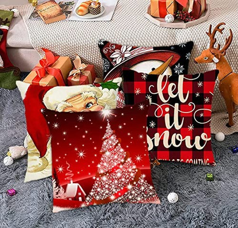 Emvency Set of 4 Throw Pillow Covers Christmas Snowman Let It Snow Red Black Buffalo Plaids Chair Decorative Pillow Cases Home Decor Square 20x20 Inches Pillowcases