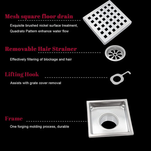 Fibetter Square Shower Drain, 4-1/4 Inch SUS 304 Stainless Steel Grid Pattern with Hair Strainer Square Drain for Shower - Brushed Nickel