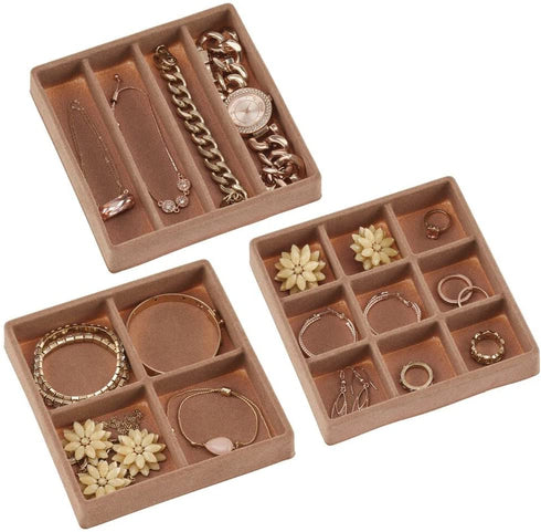 mDesign Plastic Small 3-Drawer Jewelry Organizer Box for Storage on Dresser, Vanity, Countertop - Holds Earrings, Bracelets, Necklaces, Bangles, Rings, 2 Pack - Cream/Brown