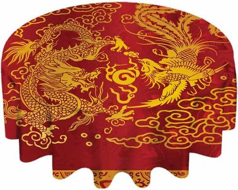 IBILIU Beautiful Dragon and Phoenix Round Tablecloth 60 Inch,Waterproof Washable Wrinkle Resistant Table Cover Harmony Marriage Golden Red Table Clothes for Dining Table Christmas Halloween Holiday