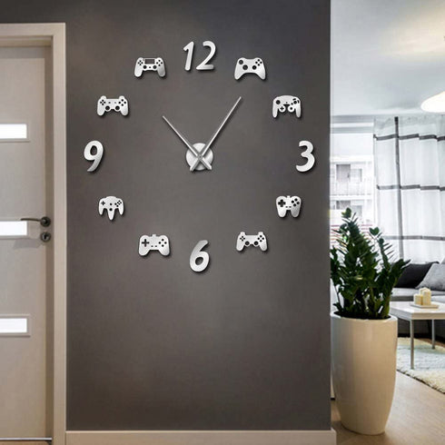 The Geeky Days Video Game Controllers DIY Large Wall Clock Game Room Decor Modern Design Freamless Giant Wall Clock Game Boys Room Wall Watch (Silver)
