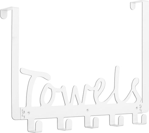 Bath Over The Door Towel Rack 5 Hooks Towel Holder Wall Hooks for Robe, Towel, Coat, Bag- White