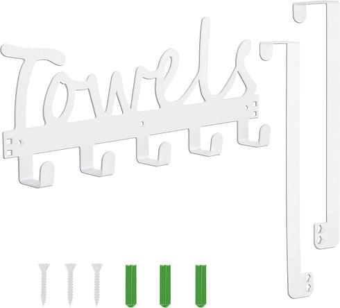 Bath Over The Door Towel Rack 5 Hooks Towel Holder Wall Hooks for Robe, Towel, Coat, Bag- White