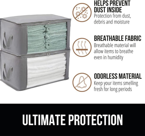 Gorilla Grip Large Capacity 3 Pack Clothes Storage Bag Organizer, 90L, Reinforced Handles, Thick Fabric for Blankets, Bedding, Clothing, Foldable Zipper Container Bags, Clear Window Closet Totes, Gray