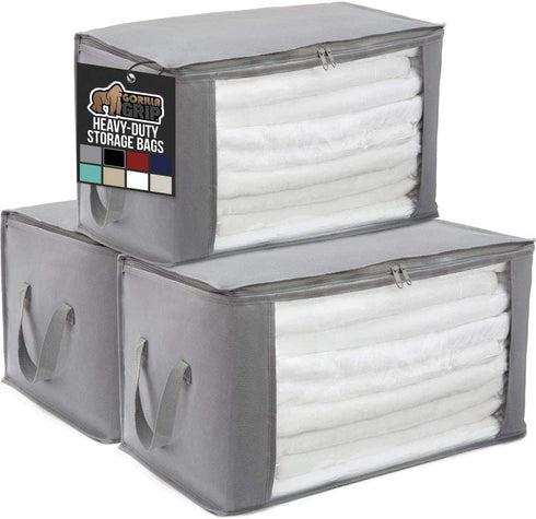 Gorilla Grip Large Capacity 3 Pack Clothes Storage Bag Organizer, 90L, Reinforced Handles, Thick Fabric for Blankets, Bedding, Clothing, Foldable Zipper Container Bags, Clear Window Closet Totes, Gray