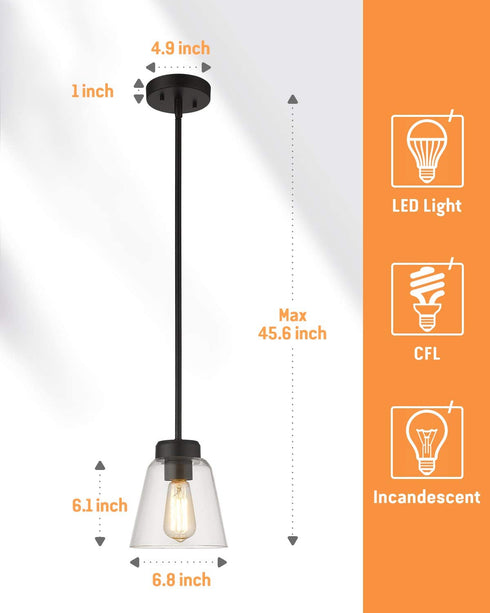 Eapudun Industrial Glass Pendant Light, Single Hanging Pendant Lighting, Matte Black with Clear Glass Shade Classic for Farmhouse, Entryway, Dining Room, Kitchen Island, Foyer , PDA1148-MBK