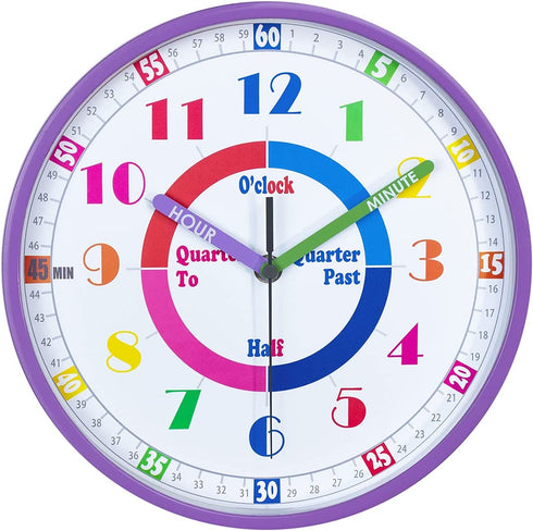 Telling Time Teaching Wall Clock, Silent Movement, Educational Wall Clock, Makes Kids Learning Time Faster and Fun. Its Perfect for Parents and Teachers, Decorate Kids Bedroom or Classroom,Purple