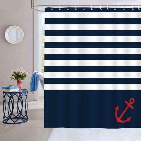 Bonhause Navy Blue Stripe Shower Curtain with 12 Hooks Nautical Anchor Decorative Bath Curtain 72 x 72 Inch Polyester Fabric Waterproof Bathroom Curtain