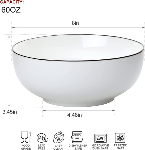 Large Salad Soup Ramen Bowls, 60 OZ Super Stackable Round Fine Porcelain Cereal Pasta Serving Bowl Sets, 3Pack - Microwavable Ceramic Bowls - Heat and Cold Resistant Porcelain