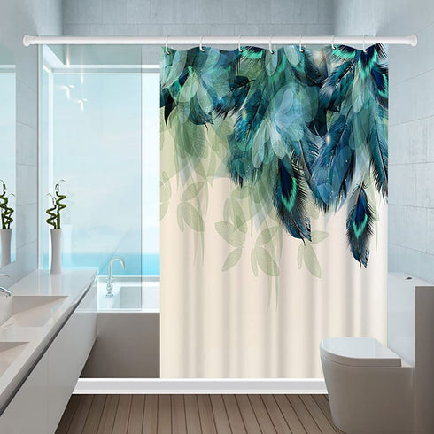 Wallall Peacock Feather Shower Curtain Teal Blue Peafowl Tail Bathroom Curtains Beautiful Natural Wild Living Room Decorations Washable Fabric Bathtub Decor with Hooks 72x72inch