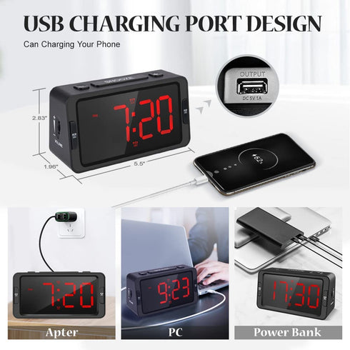 Digital Alarm Clock, LED Electronic Clocks with White&Red Colors Switching Alarm Clock for Heavy Sleepers Adults with 30-100dB Adjustable Volume and 0-100% Brightness ,USB Charger