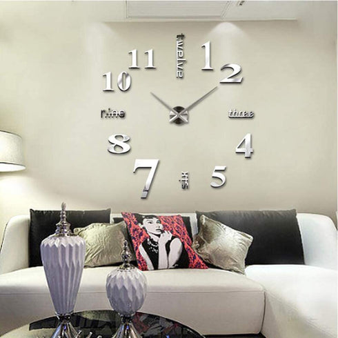 Mirror Surface Decorative Clock 3D DIY Wall Clock for Living Room Bedroom Office Hotel Wall Decoration (Silver)
