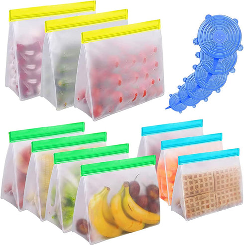 10 Pack Reusable Food Storage Bags & 6 Pack Silicone Stretch Lids Leakproof Silicone Stand Up Food Bags Extra Thick Food Grade BPA Free Freezer Bags for Lunch Sandwich Snack Meat Fruit