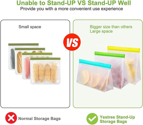10 Pack Reusable Food Storage Bags & 6 Pack Silicone Stretch Lids Leakproof Silicone Stand Up Food Bags Extra Thick Food Grade BPA Free Freezer Bags for Lunch Sandwich Snack Meat Fruit
