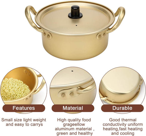 AHIER Ramen Pot, Korean Ramen Cooking Pot With Lid Spoon and Chopsticks (1pair), Korean Ramen Noodle Pot Fast Heating For Kitchen Cookware (Double handle) (6.3in)