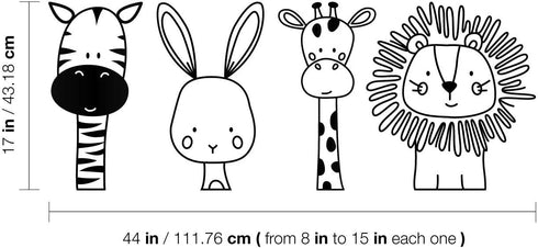 Set of 4 Vinyl Wall Art Decal - Zebra Rabbit Giraffe Lion - 17" x 44" - Cute Modern Design for Animal Lovers Home Apartment Bedroom Window Playroom Classroom Nursery Indoor Decoration (Black)