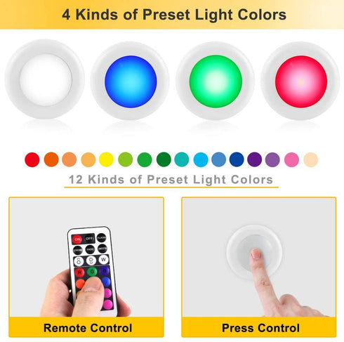 Wireless LED Puck Light 6 Pack with 2 Remote Control, RGB Color Changing & Dimmable LED Under Cabinet Lighting, Battery Powered Closet Lights for Kitchen, Stick On Lights-Small Size 3xAAA Battery