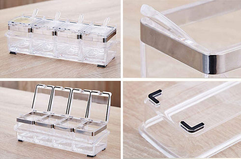 LOYUYU Seasoning Box, Seasoning Rack Spice Pots, 4 Piece Clear Acrylic Cruet, Storage Container Condiment Jars with Cover and Spoon 304 Steel Edge
