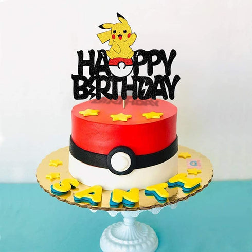 RRPYC Cartoon Pikachu cake topper, boys and girls Pikachu theme birthday party decorations, sparkling Pikachu cake decoration supplies Yellow1
