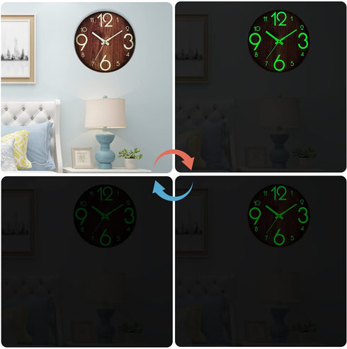 Night Light Function Wall Clocks Wood Grain 12 Inch Silent Non Ticking Quartz Battery Operated Round Easy to Read Home/Kitchen/Office/School Decorative Clock