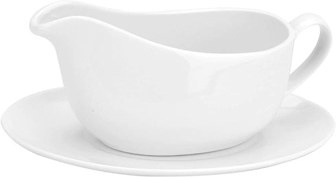 Yesland 15 oz Gravy Boat and Tray, Ceramic White Gravy Sauce Boat with Saucer Stand for Dining, Holiday Meals & Parties