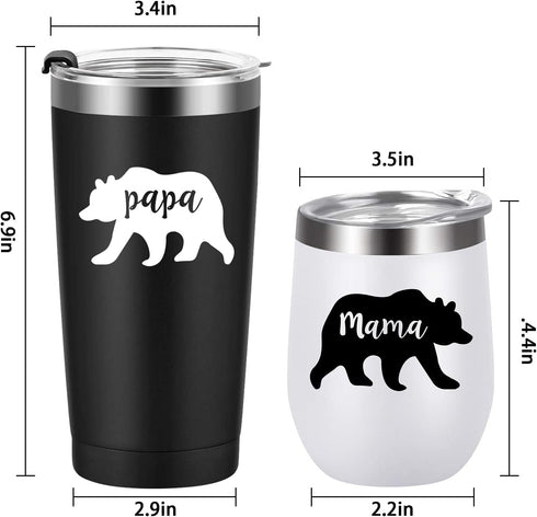 Gingprous Mama Bear, Papa Bear Set, Gifts for New Parents New Mom and New Dad Pregnancy Couples, Insulated Stainless Steel Wine Tumbler and Travel Tumbler with Lids(2 Pack, Black and White)