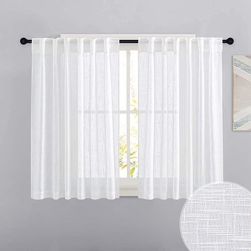 RYB HOME White Curtains for Bedroom - Linen Textured Semi Sheer Curtains Privacy for Bedroom Bathroom Kitchen Dining Office Window, 52 Wide x 45 inches Long, 2 Pcs
