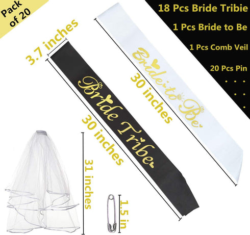 20 Pack Bachelorette Party Sash and Veil Set: 1 Bride to be sash,18 Bride Tribe Sashes,1 Comb Veil, Team Bride Sash kit for Bridesmaid, Engagement, Hen Parties & Bridal Sho(Black,19 Sash with 1 Veil)